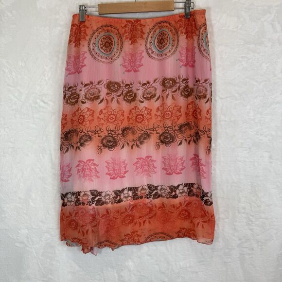 Y2K Southwestern Midi Skirt MDL New York Floral Pink Orange Stretch L - Picture 4 of 6